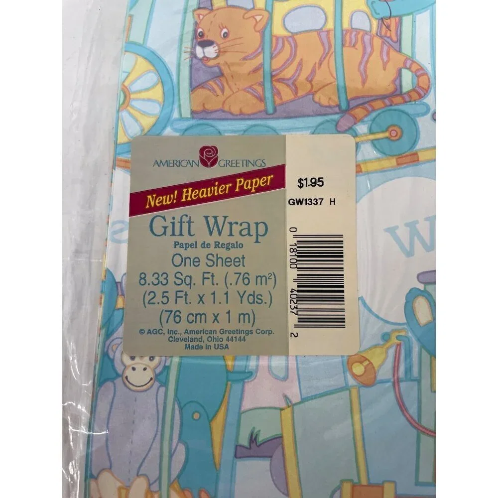 Gift‎ Wrap Paper Baby Newborn Maternity Zoo Animals Train Welcome USA Made VTG